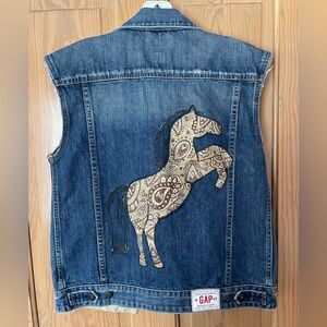 Upcycled Denim Vest with Painted Horse on Back, Women S-M, check measurements.